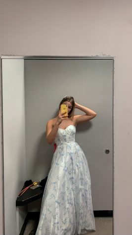 This photo was taken February 27th, 2022. This was the first dress I tried on. This was taken in Dillards at Oak View Mall in Omaha, NE. I really like how the white color makes me look tan. 