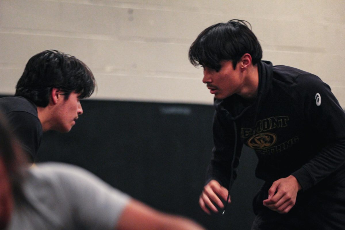 Senior Derrick Alfaro gets ready to practice wrestling with Joel Navarro. The plan is to do really well this season and then go to districts and try to medal in state. Alfaro said, The last couple seasons I was taking it seriously, but this year since its my last year. Im just having fun and going with the flow. Im not checking on who I was going to wrestle and seeing their record this year; Im just wrestling whoever Im up against.”