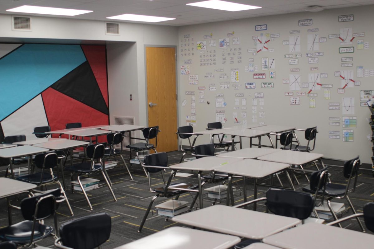 Photo of Sam Anzalone's classroom. Anzalone decided to decorate one of his walls in the classroom. "It was brick and ugly so I covered it in paper and made it look pretty," Anzalone said.