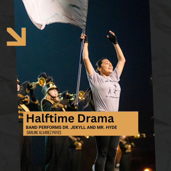 Navigation to Story: Halftime Drama: band performs Dr. Jekyll and Mr. Hyde