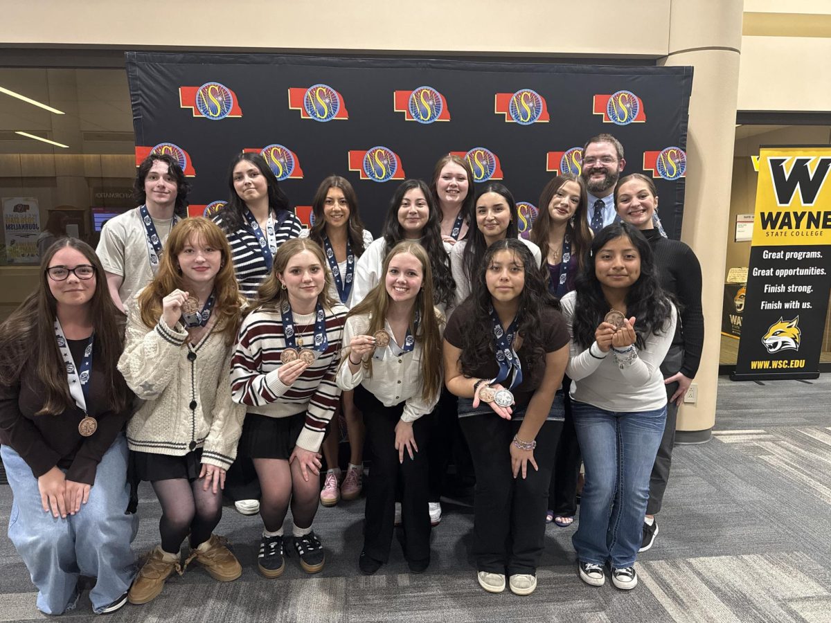 First Row: Kilee Holcomb, Grace Walters, Rory Flanagan, Samantha Skinner, Hannaly Sandoval Garcia, and Jeronima Nas Guarcas. Middle Row: Amy Rodriguez Rosa, Cassandra Santillan, Sophia Turpitt, and Makenzie Davis Last Row: Aaron Ross, Lexi Gutierrez, Ava Placek, Gianna Hass, and Yearbook Advisor David Stevens.